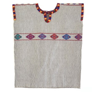 Black and White Striped Blouse Embroidered Modern Huipil