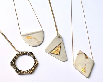 CLEARANCE- Ceramic Gold Foil Statement Pendant and Necklace, perfect holiday jewelry