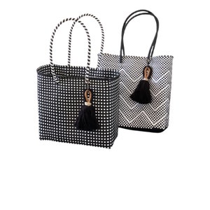Large 13&quot; Hand Woven, Recycled Plastic Mercado Market Bag White, Black with Double Horseshoe Woven Loop Tassel Charm