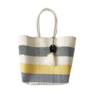 Large 14" Hand Woven, Recycled Plastic Mercado Market Bag, White, Green, Blue, Yellow Stripes with Double Horseshoe Woven Loop Tassel Charm