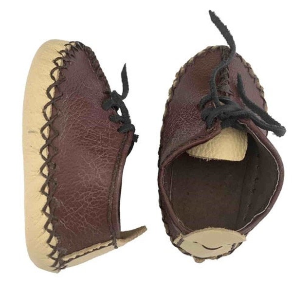 Hand Stitched brown and cream Leather Laced Baby Moccasins