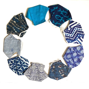 CLEARANCE 50% DISCOUNTED - Blue Block Printed Face Masks Washable, Handmade Cloth Face Masks for Summer and Fall