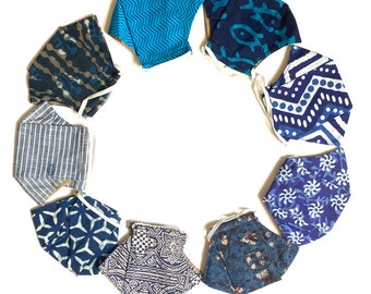 CLEARANCE 50% DISCOUNTED - Blue Block Printed Face Masks Washable, Handmade Cloth Face Masks for Summer and Fall