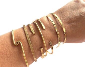 Engraved Gold Color Brass Stackable Arrow Cuffs, Bangles & Hinge Bracelets
