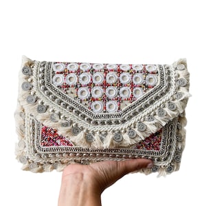 8" x 11" Fringe Boho Banjara Clutch Hand Bag Hand Embroidered with beads, coins Banjara Bag Handmade Hobo Bag Bohemian Colorful