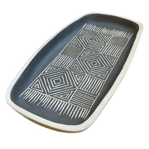 Geometric Pattern Ceramic Matte, Hand carved Etched  Handmade Decorative Tray, Storage Tray, Altar Tray, Etched Serving Platter