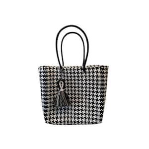 Large 14&quot; Hand Woven, Recycled Plastic Mercado Market Bag, Black And White Houndstooth with Double Horseshoe Woven Loop Tassel Charm
