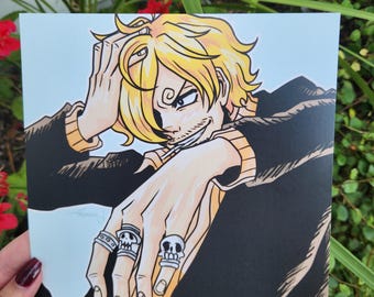 May include: A square art print featuring a stylized illustration of a blonde character with a cigarette in their mouth, wearing a black jacket over a tan shirt. The character has one hand on their head and the other displaying three silver skull rings.