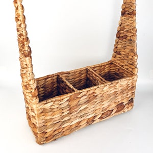 Vintage rieten servet zilverwerk keukengerei Boho Decor, Mid Century Modern, Badkamer, Picknick Caddy opslag, Drie kleine een grote compartiment