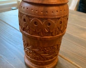 Vintage Wood Vase India Carved Wood Boho Decor Pot Rattan Planter Retro Decor Bohemian Pot Flower