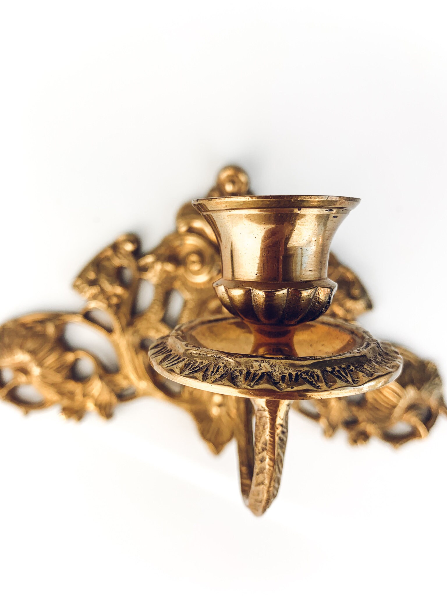 Vintage Wall Mounted Brass Candle Holder with Shelf & Floral Etsy