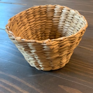 May include: A small, woven basket with a flared shape. The basket is made of natural-colored, tightly woven fibers, creating a textured surface. The rim of the basket is slightly lighter in color than the body. The basket sits on a dark wooden surface.