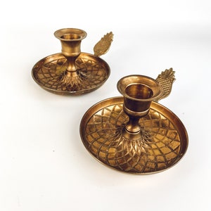 Set of Two Vintage Brass Candle Holders with Handles, Pair of Vintage Candlesticks, Boho Mid Century Modern Decor, Candle Stick, Gold Metal