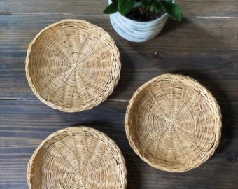 Set of Three Boho Wall Baskets - Vintage Wicker Rattan Flat Wall Hanging Basket - Cottagecore Home Decor - Minimalist Neutral