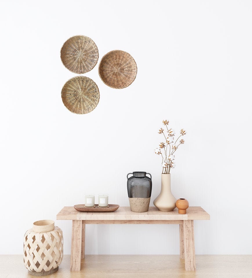 Set of Three Boho Wall Baskets - Vintage Wicker Rattan Flat Wall Set of Hanging Baskets - Cottagecore Home Decor - Minimalist Neutral