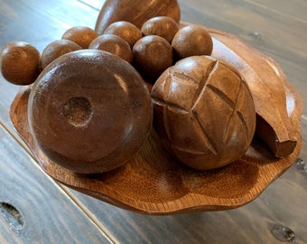 Boho Wood Platter Pedestal with Wood Fruit | Grapes Banana Apple Pear Pineapple