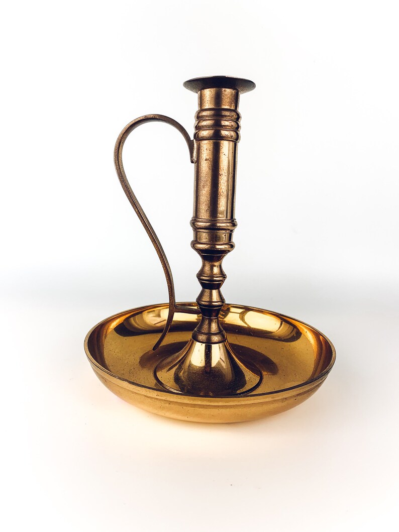 Large Brass Candle Holder with Handle Gold Metal Candlestick Vintage Boho Mid Century Modern Decor Candle Stick