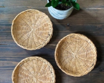 Set of Three Boho Wall Baskets - Vintage Wicker Rattan Flat Wall Hanging Basket - Cottagecore Home Decor - Minimalist Neutral