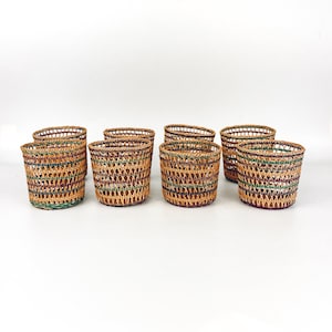 Set of Eight Colorful Small Wicker Cups, Vintage Boho Decor, Rattan Mug Decoration, Bohemian, Mini Rattan, Planter Stand, Doll Furniture