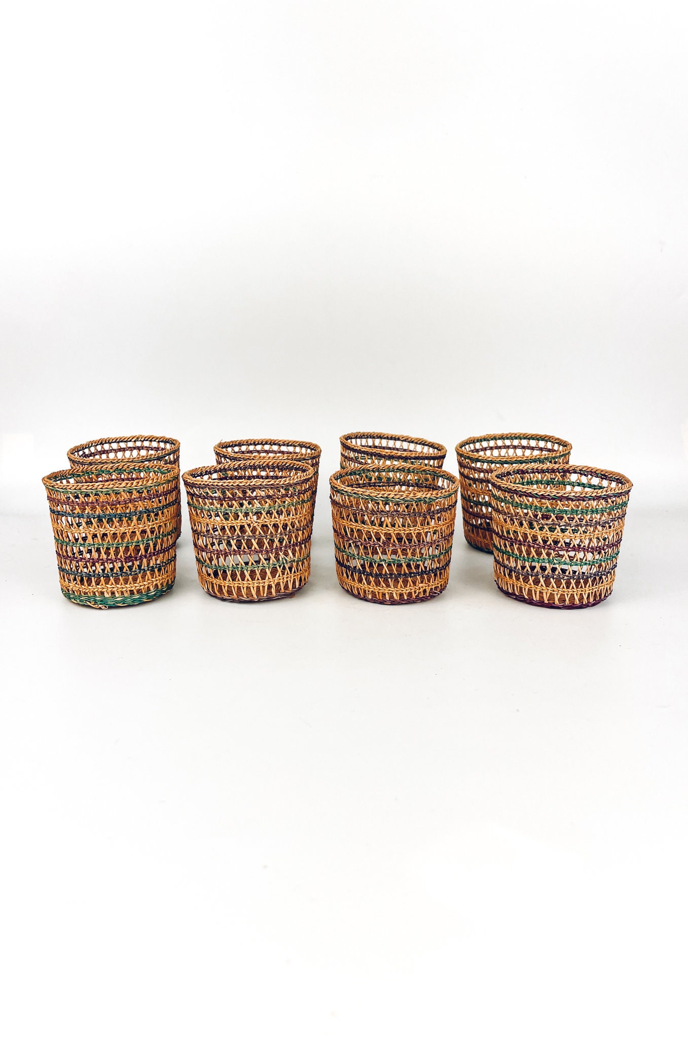Set Of Eight Colorful Small Wicker Cups, Vintage Boho Decor, Rattan Mug Decoration, Bohemian, Mini Rattan, Planter Stand, Doll Furniture