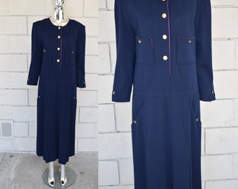 Chanel 1980s wool long dress with gold buttons  Nautical theme