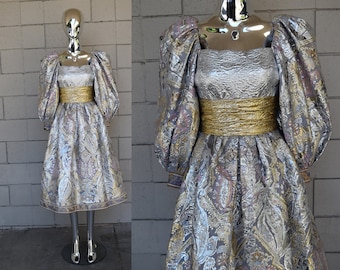 Leonard Silver Lurex Brocaide Floral Ball Gown