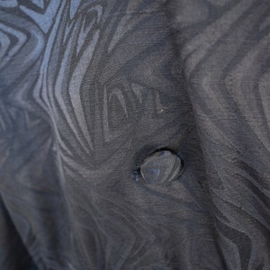 May include: Close-up of a black fabric with a swirling, abstract pattern. A single black button is visible in the center of the image.