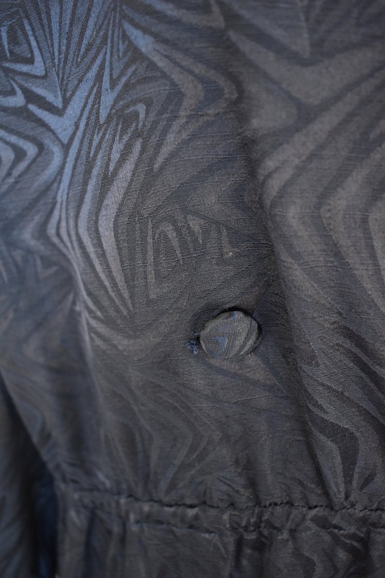 May include: Close-up of a black fabric with a swirling, abstract pattern. A single black button is visible in the center of the image.