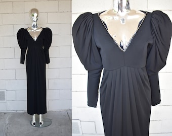 Michael Novarese 1980s silk crepe plunging beaded neckline ball gown