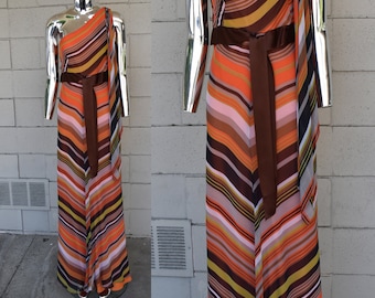 Susan Small UK  1970s Grecian One Shoulder silk chevron stripe with Sash