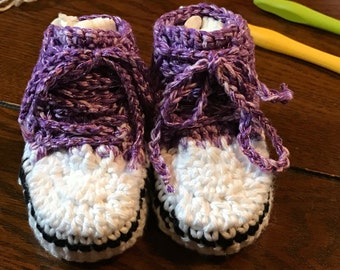 Handmade CROCHET BABY SNEAKERS Size 3 to 6 Months, Made with Beautiful Purple Cotton | Metallic & Cotton Yarns.