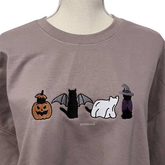 Halloween Cat Embroidered Sweatshirt, Spooky Black Cat Crewneck
