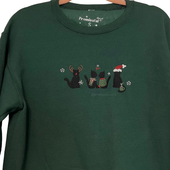 Christmas Cat Embroidered Sweatshirt, Holiday Cat Crewneck