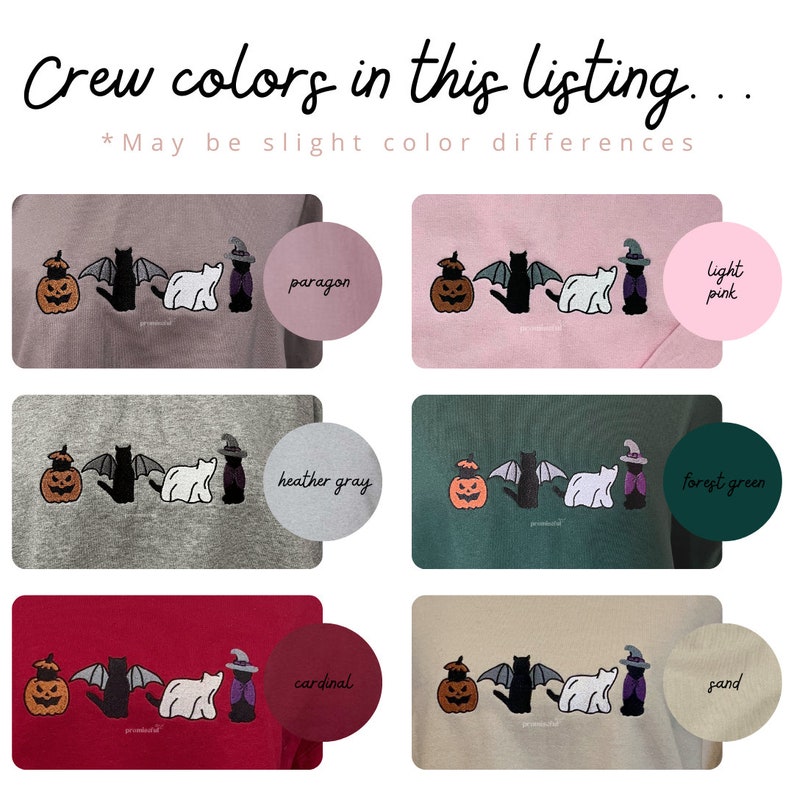May include: Six crew neck sweatshirts in different colors with a Halloween themed design. The design features a jack-o-lantern, a black cat with wings, a white polar bear, and a black cat wearing a witch's hat. The colors are: paragon, light pink, heather gray, forest green, cardinal, and sand.
