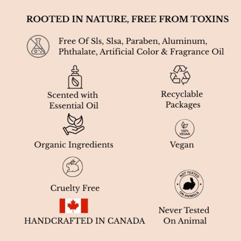 May include: A beige graphic with text stating "ROOTED IN NATURE, FREE FROM TOXINS." The image highlights product features: organic ingredients, essential oils, recyclable packaging, vegan, cruelty-free, and handcrafted in Canada.