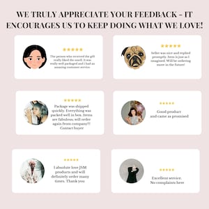 May include: A graphic featuring customer feedback with text that reads, "WE TRULY APPRECIATE YOUR FEEDBACK - IT ENCOURAGES US TO KEEP DOING WHAT WE LOVE!" The feedback includes star ratings and comments about product quality and customer service.