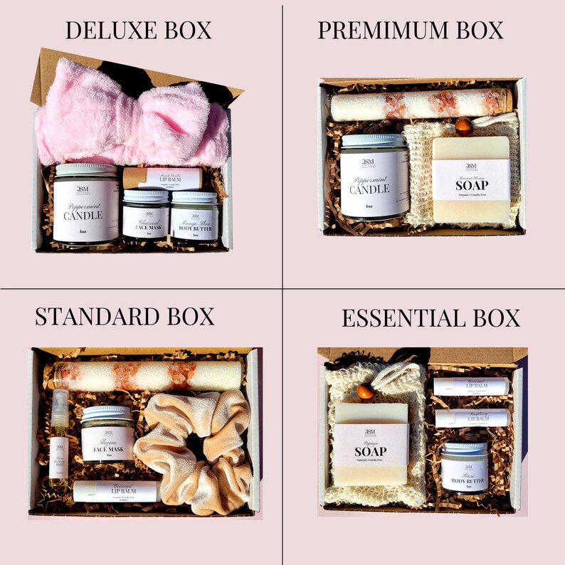 May include: Four gift boxes with various self-care items. The Deluxe Box includes a pink headband, candle, face mask, and body butter. The Premium Box features a candle and soap. The Standard Box has a candle, face mask, and scrunchie. The Essential Box includes soap and lip balm.