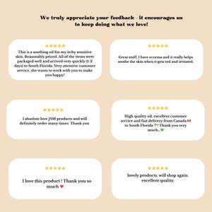 May include: Image of customer feedback on a product. Text includes phrases like "soothing oil," "eczema," and "excellent customer service." The reviews are displayed on a light beige background.