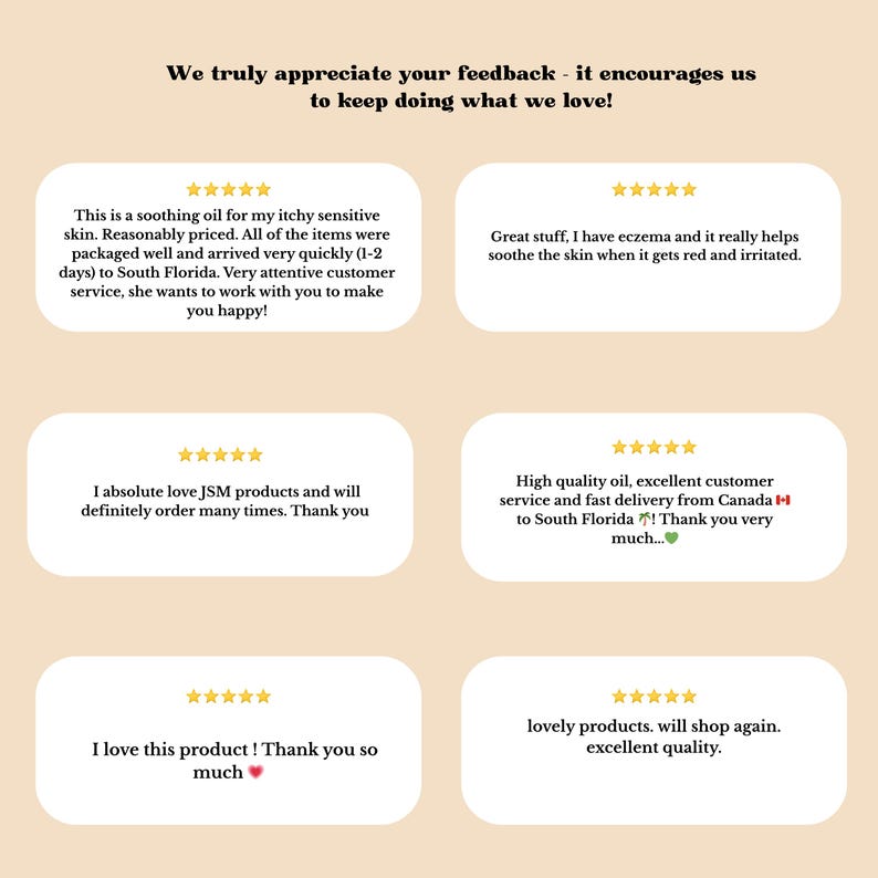 May include: Image of customer feedback on a product. Text includes phrases like "soothing oil," "eczema," and "excellent customer service." The reviews are displayed on a light beige background.
