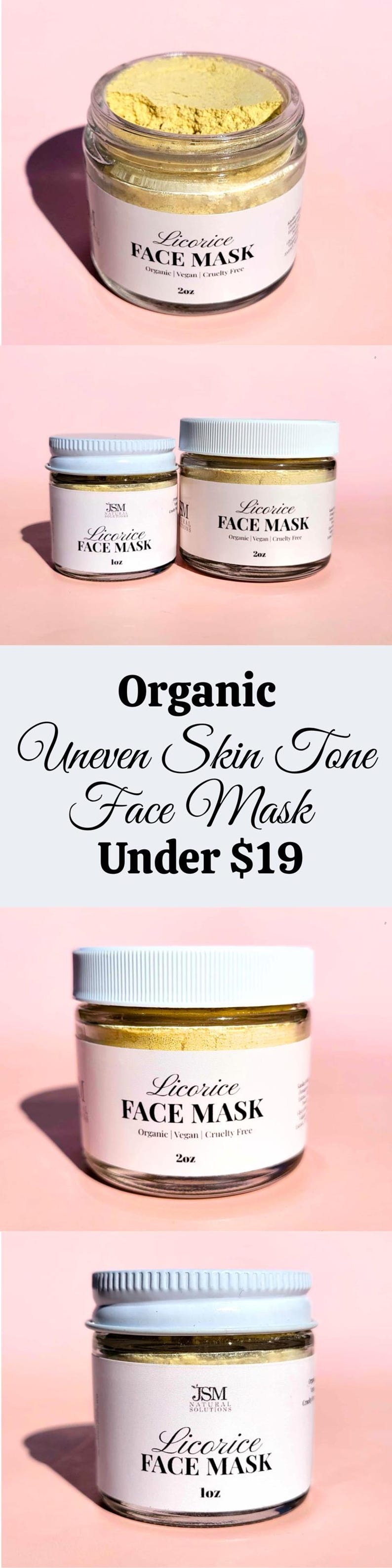 K&ouml;nnte beinhalten: Mehrere Gl&auml;ser mit Lakritz-Gesichtsmaske. Die Gl&auml;ser haben wei&szlig;e Etiketten mit schwarzem Text mit der Aufschrift "Licorice FACE MASK" und "Organic | Vegan | Cruelty Free". Der Text "Organic Uneven Skin Tone Face Mask Unter 18 &euro;" ist ebenfalls sichtbar.