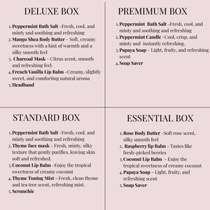 May include: Image displays four boxes labeled Deluxe, Premium, Standard, and Essential. Each box lists five self-care products with descriptions. Products include bath salts, body butter, face masks, lip balms, candles, soap, and accessories.