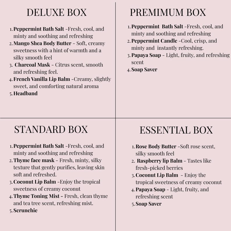 May include: Image displays four boxes labeled Deluxe, Premium, Standard, and Essential. Each box lists five self-care products with descriptions. Products include bath salts, body butter, face masks, lip balms, candles, soap, and accessories.