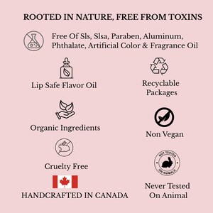 May include: A light pink graphic with text and icons. The text reads "ROOTED IN NATURE, FREE FROM TOXINS" and lists product features such as "Free Of Sls, Slsa, Paraben, Aluminum, Phthalate, Artificial Color & Fragrance Oil". Other features include "Lip Safe Flavor Oil", "Recyclable Packages", and "Organic Ingredients".