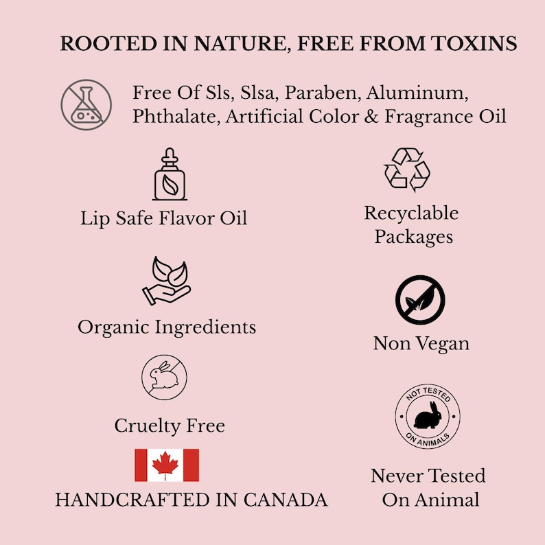 May include: A light pink graphic with text and icons. The text reads "ROOTED IN NATURE, FREE FROM TOXINS" and lists product features such as "Free Of Sls, Slsa, Paraben, Aluminum, Phthalate, Artificial Color & Fragrance Oil". Other features include "Lip Safe Flavor Oil", "Recyclable Packages", and "Organic Ingredients".