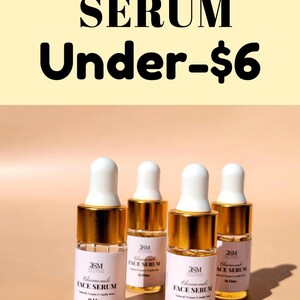 May include: Chamomile face serum in a clear glass bottle with a white dropper. The label reads "Chamomile FACE SERUM" and "1 oz". The image also shows multiple bottles of the serum, and text that reads "DRY SKIN SERUM Under-$6".