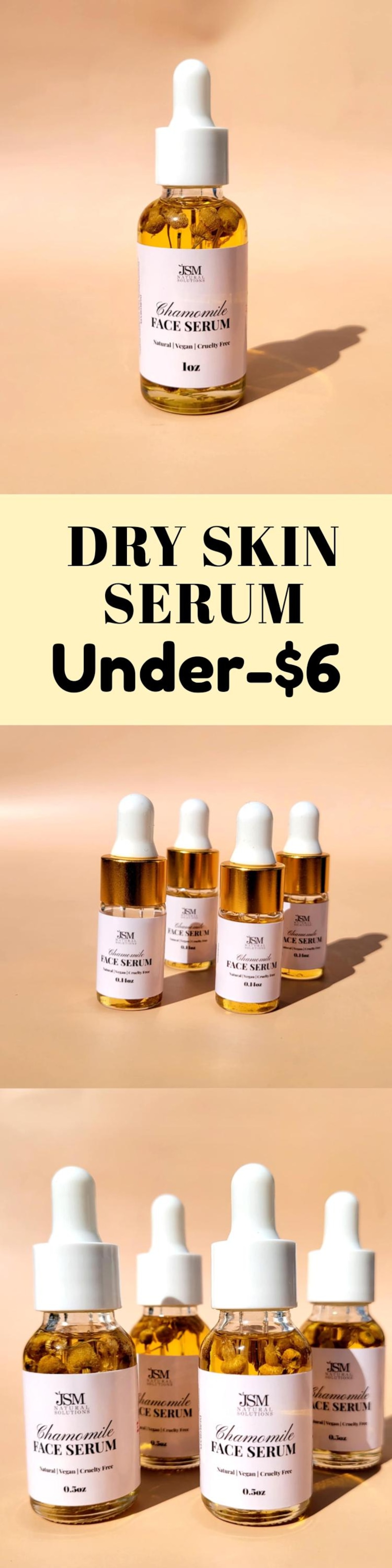 May include: Chamomile face serum in a clear glass bottle with a white dropper. The label reads "Chamomile FACE SERUM" and "1 oz". The image also shows multiple bottles of the serum, and text that reads "DRY SKIN SERUM Under-$6".