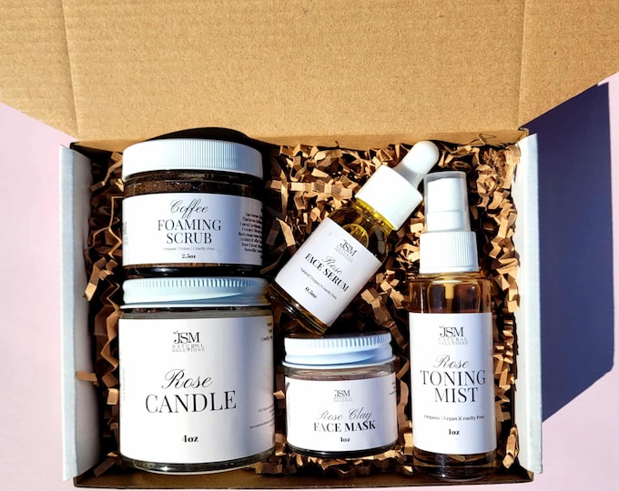 Organic Skincare Hamper Box: Rose Face Serum, Toning Mist, Candle, Scrub