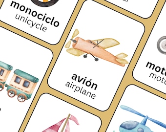 Schede didattiche sui trasporti / Schede didattiche bilingue in spagnolo e inglese per bambini piccoli / Download digitale