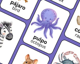 Animals Spanish English Bilingual Flashcards | Bilingual Learning for Kids | Digital Download