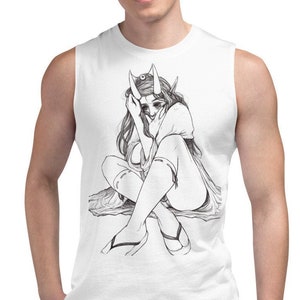 May include: White sleeveless top with a black and white illustration of a seated figure with horns and long hair. The artwork is detailed and appears to be a pencil sketch. The top is worn by a person.